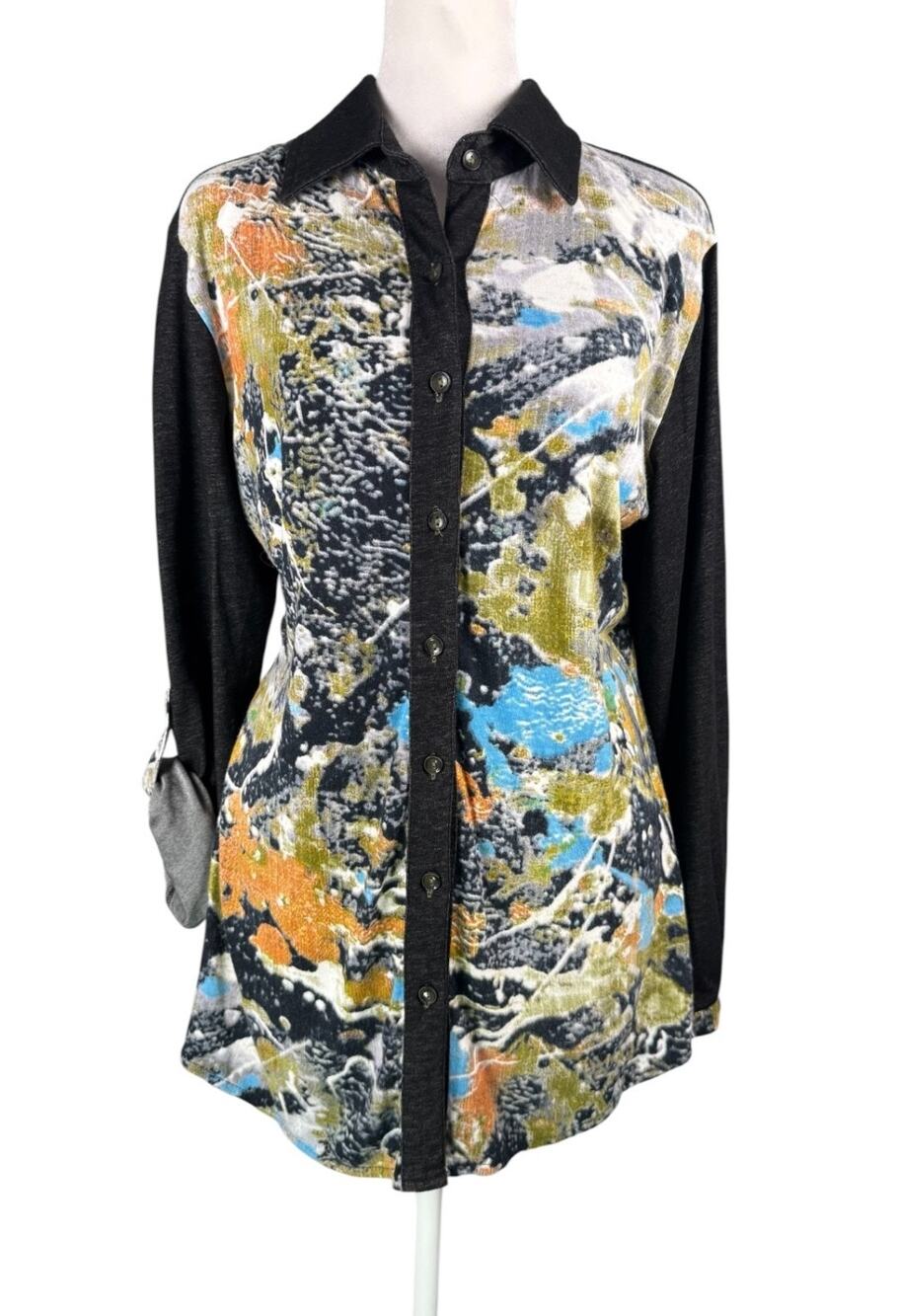 Parsley and Sage M Button Up Knit Tunic Top Roll Tab Sleeves Abstract Art Boho